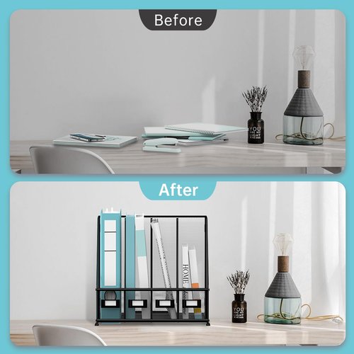 SUPEASY Magazine File Holder, Binder Holder Metal Desk Organizer with 4 Rack Compartments, File Organizer for Office Home School, Black Plus