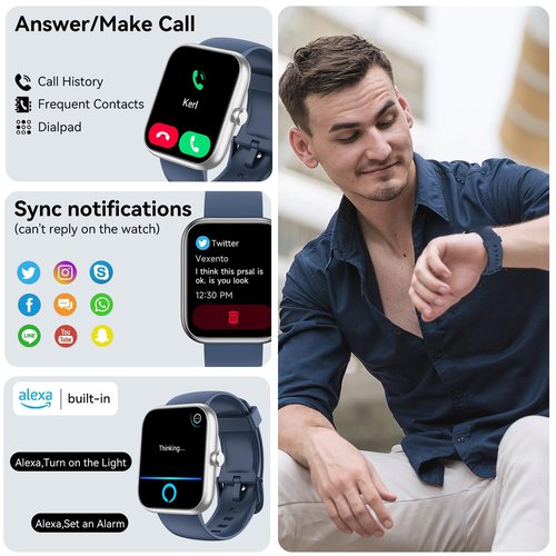 SENBONO Smart Watch with Alexa Built-in, 1.83" HD Touchscreen, Bluetooth Calling, IP68 Waterproof Fitness Tracker, 120+ Sports Modes, 24/7 Heart Rate/Sleep Monitor for iPhone Android (Blue)