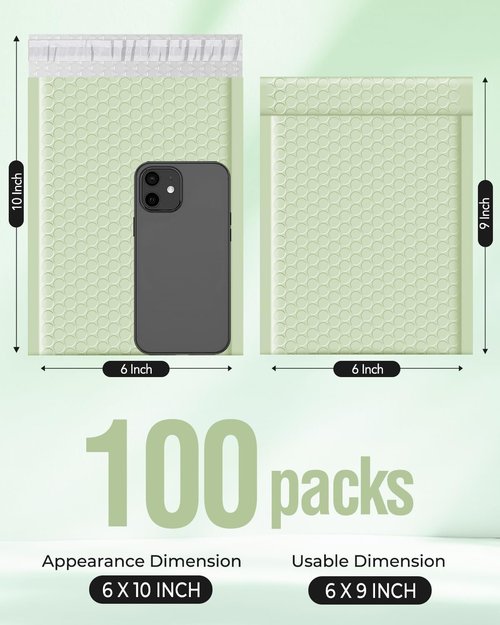 Metronic Bubble Mailers - 100 Pack Mint Green Self-Seal Padded Envelopes | Waterproof 6x10" Size for Jewelry Shipping