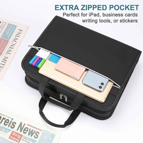 SEEKIND PU Leather Accordion File Organizer with Handle & Strap，12 Pockets Expanding File Folder with Zipper & Labels，Portable Document Organizer File for Letter A4 Files
