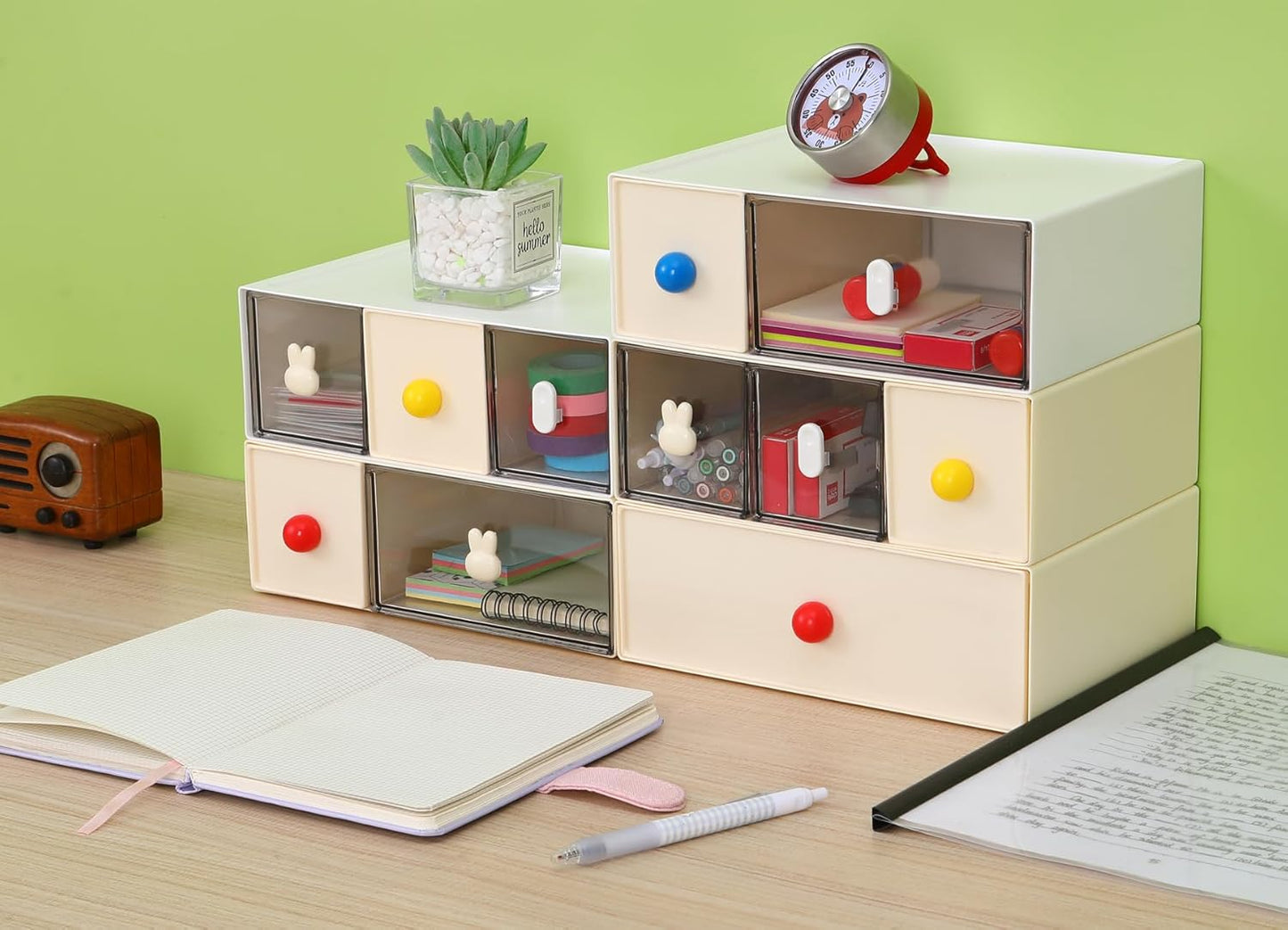 Skiennix Desktop Storage Drawers - Modular Stackable Organizer with 6 Drawers | Cream & Clear Finish