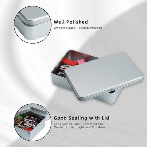 AnRui 2Pcs Silver Metal Tin Box with Lid - 7.1 x 4.33 x 1.57 inch Small Metal Containers Portable Box Holder for Candies, Pills, Crafts, Jewelry, Cash, Watercolor, Car Keys