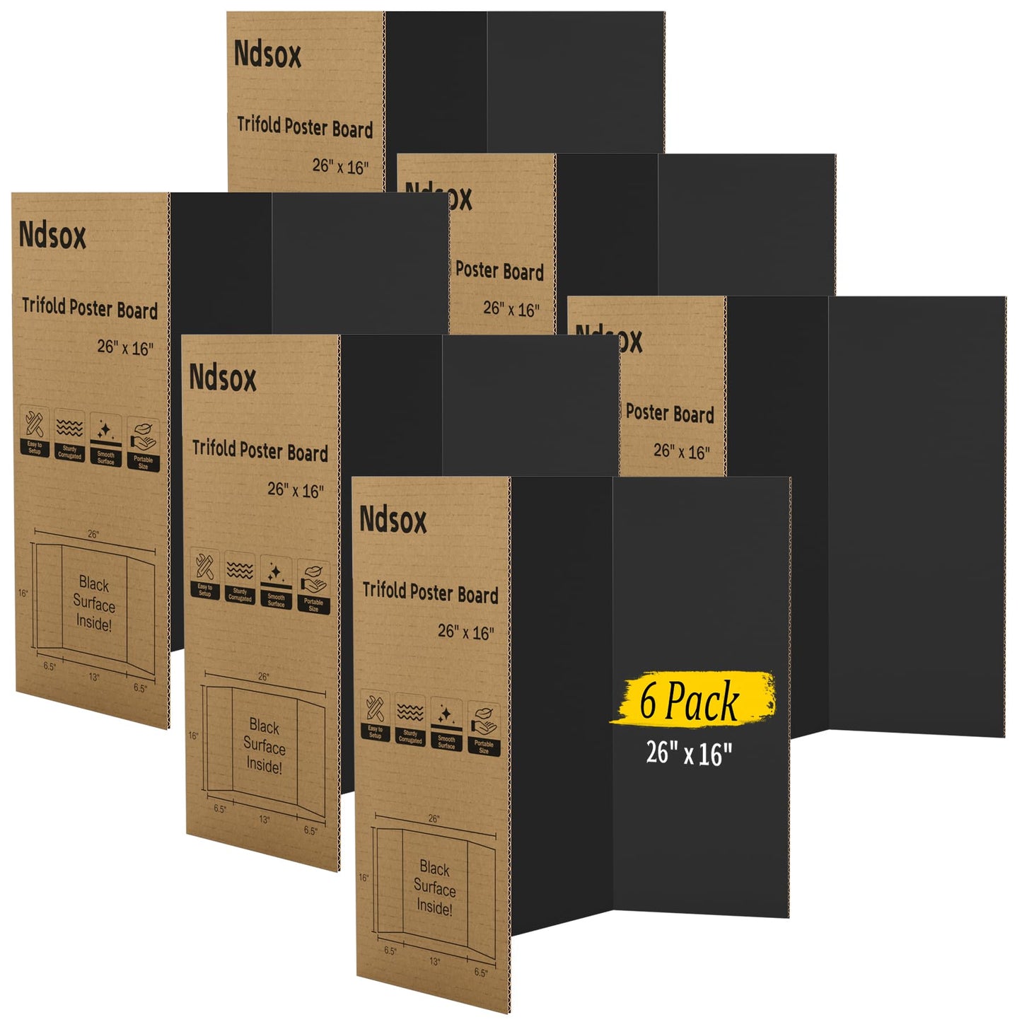 Ndsox 6 Pack 26" x 16" Black Trifold Poster Board Medium Size Corrugated Cardboard Science Fair Display Boards for School Projects, Business Presentations, Event Displays, and Art Exhibitions