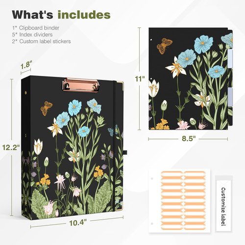 Ospelelf Binder 3 Ring 1 Inch, Floral Round Ring Clipboard Binder for Letter Size with 5 Tab Dividers, File Folder Labels, for School and Office Supplies