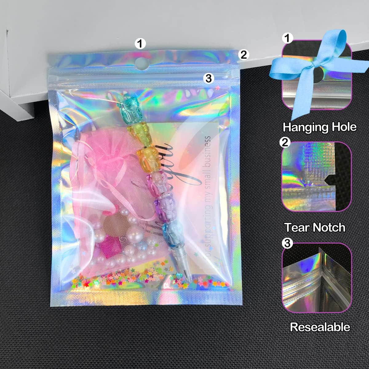 Skiennix Holographic Resealable Packaging Bags - 100 Pcs Cute Smell Proof Foil Pouches | 4x6 Inch for Small Business Supplies