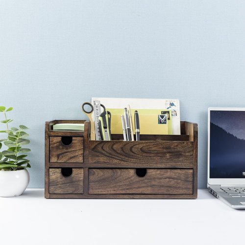MyGift Solid Mango Wood Desktop Office Supplies Organizer with 3 Drawers, Mail Holder and Stationary Caddy for Desk Accessories Storage