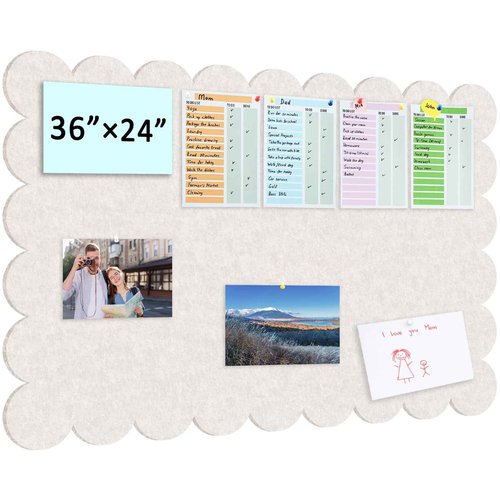 Beige Scalloped Felt Bulletin Board - 36 x 24 Inches Large Felt Board Foldable Cork Board Alternative Photo Board Self-Adhesive Vision Board Decorative Pin Board for Wall