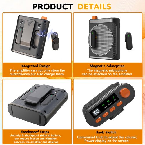 Voice Amplifier with Magnetic Wireless Lavalier Lapel Microphone for Teachers, Portable Bluetooth Speaker with 2pcs Clip-On Microphones,Mini Megaphone Speaker PA System for Classroom/Yoga/Meeting