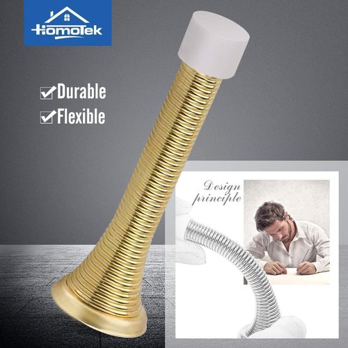 HOMOTEK Spring Door Stopper - Heavy Duty Rubber Bumper for Low Mounted Doors | Bright Brass Finish