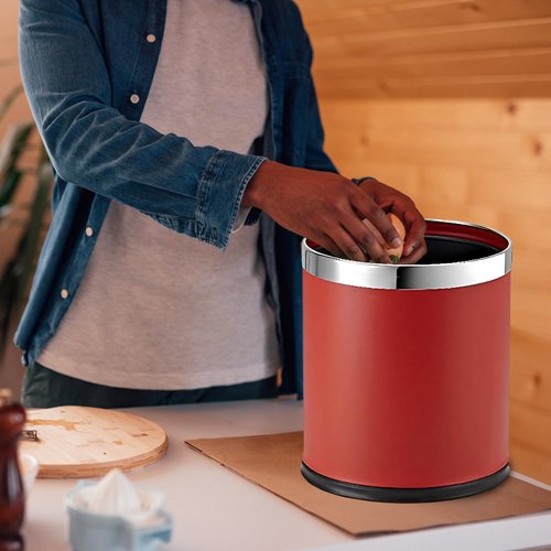 Brelso Small Office Trash Can, Open Top Small Wastebasket Bin, Invisi-Overlap' Metal Garbage Can, Waste Basket for Powder Room, Vanity, Bathroom (Red)