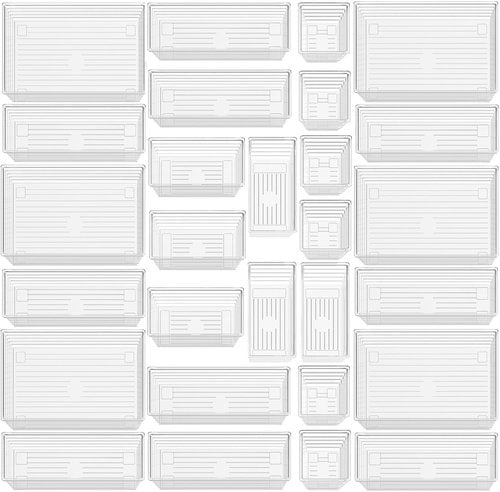 DCA 28 PCS Clear Plastic Drawer Organizer Set, 4-Size Versatile Bathroom and Vanity Drawer Organizer Trays, Storage Bins for Makeup, Jewelries, Kitchen Utensils and Office
