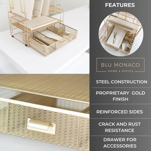 BLU MONACO Gold Desk Organizer – Cute File Holder for Desk & Drawer Storage for Office Supplies, Paper, Devices & Folders