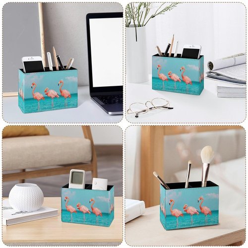 Famame Flamingo in Sea Tropical Beach Pencil Holder for Desk, Leather Desktop Container Pen Cup Storage Study Table Pen Organizer Makeup Brush Holder for Classroom Office Home