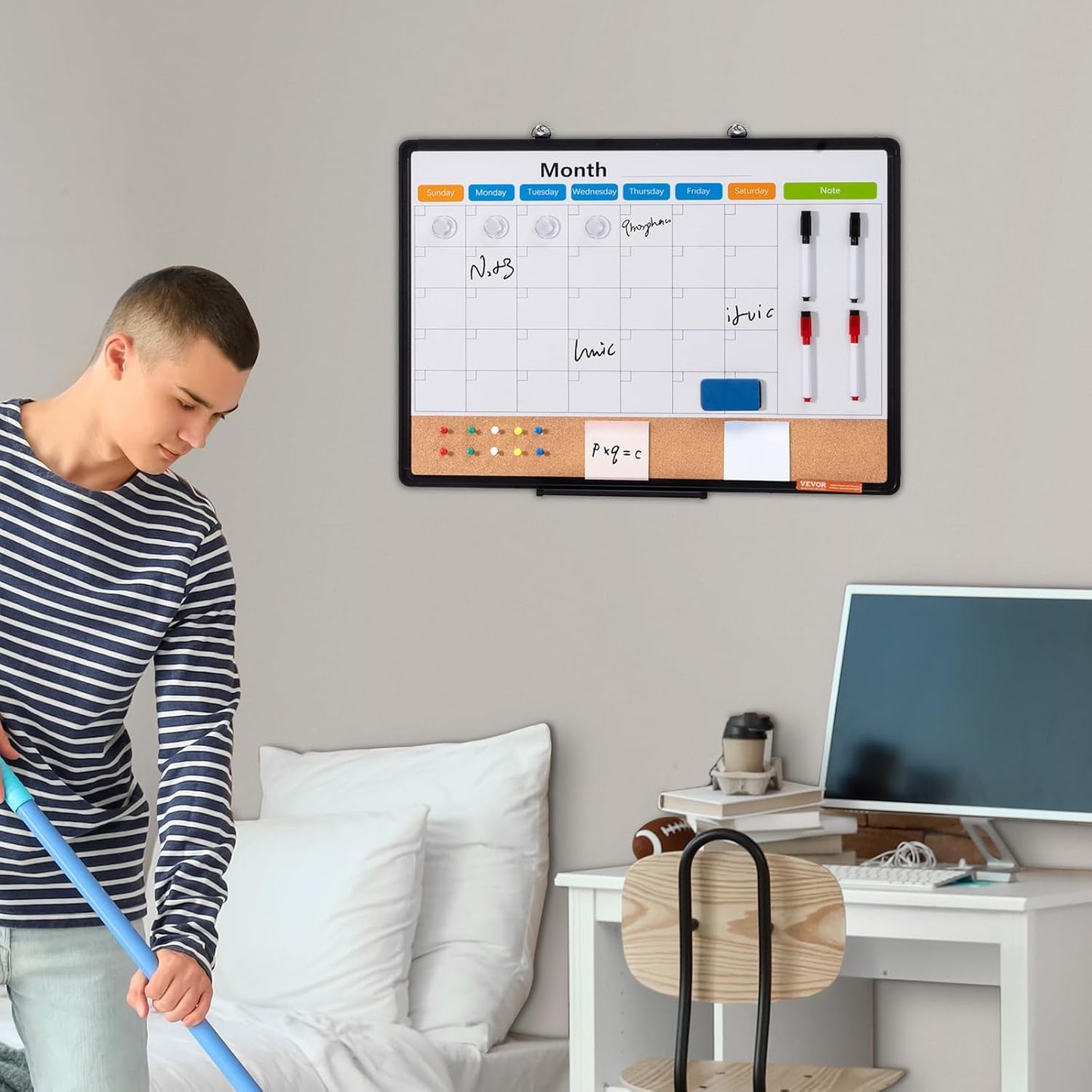 VEVOR Monthly Calendar Whiteboard & Cork Board Combo - 24"x18" Magnetic Dry Erase Bulletin Board for Home, Office, School