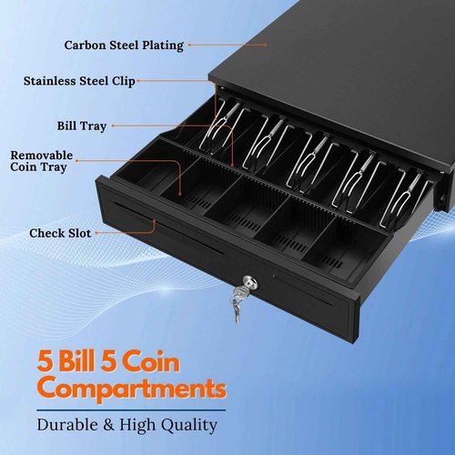 Flexzion Cash Drawer for Small Businesses - Black, 16-inch Metal Cash Register with Electronic RJ-11 Point of Sale (POS) Connection, 5 Bill 5 Coin Slots - Compatible with Star, Epson, Citizen Printers