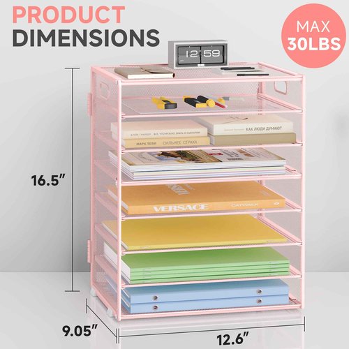 Biciyarn 8 Tier Paper Organizer with Handle, Metal Mesh Desk File Organizer, Large Capacity Desk Organizers Paper Letter Tray Desktop Document Sorter for Office, Home or School - Pink