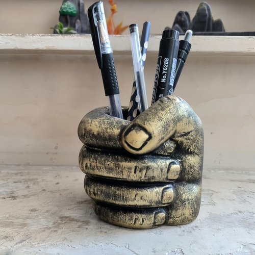 LHTWLF Hand Shape Pen Holder Resin Mold,Retro Golden Color Pen Pencil Holder Hand Fist Sculpture,Desk Cup for Office School Art Sculpture Novelty Organizer
