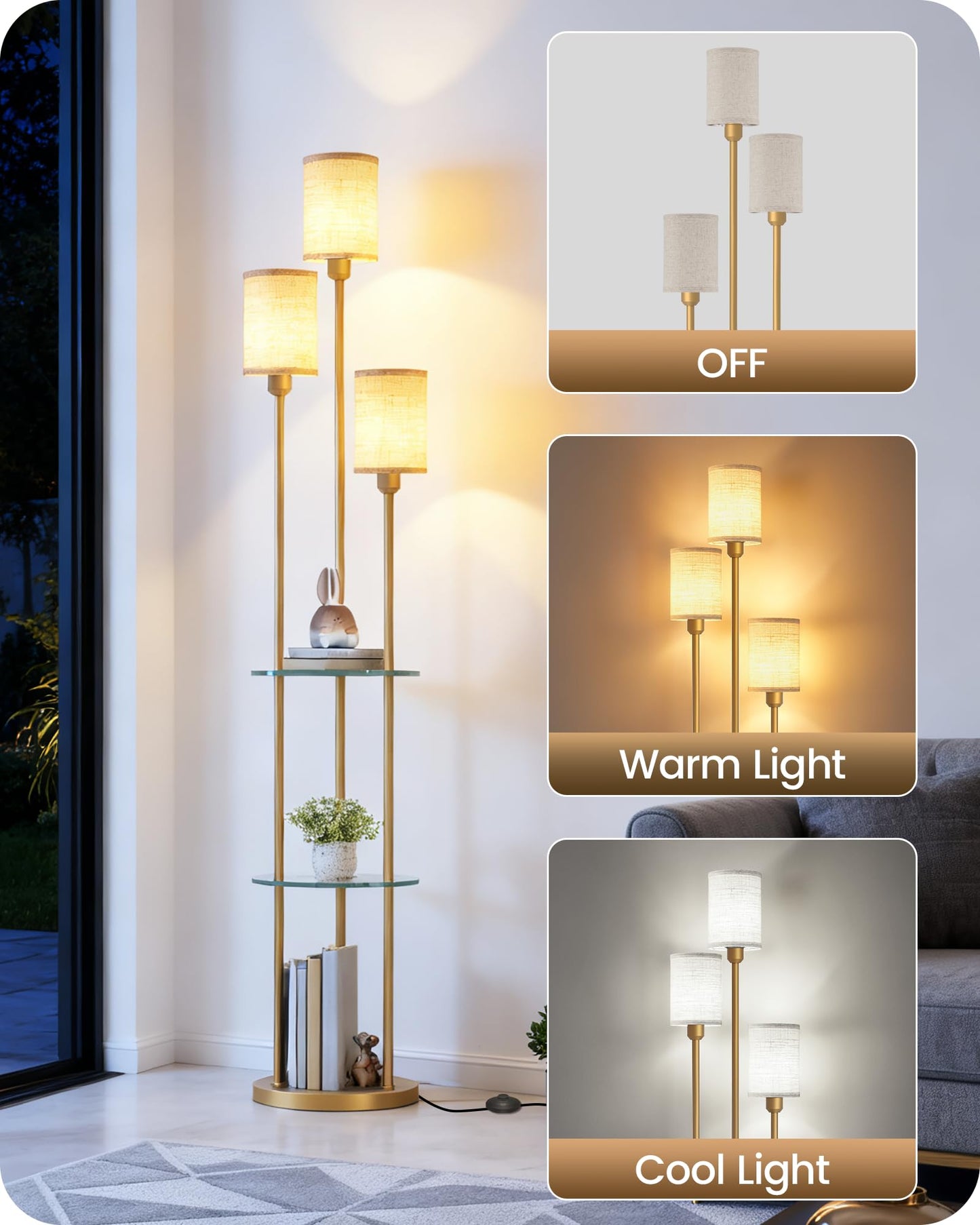 GOEBLESON Floor Lamp with Shelves, Modern Floor Lamp with 3 Linen Shades and Foot Switch, 3-Light Standing Lamp, for Living Room, Bedroom, Study, Office, Gold and Beige ED53LD05