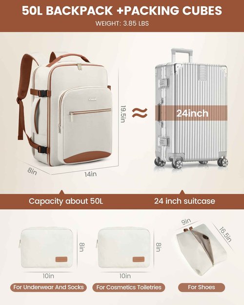 LOVEVOOK Travel Backpack for Women & Men 50L,Airline Approved Carry On Backpack Travel Essentials,TSA Carry on Luggage,Waterproof Personal Item Travel Bag,Suitcase with 3 Packing Cubes, Beige-Brown