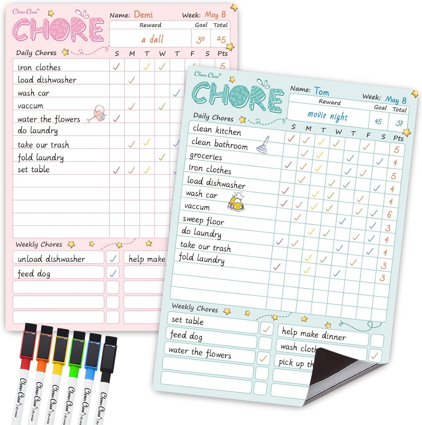 Skiennix Magnetic Dry Erase Chore Chart - 8.5"x12" Kids' Responsibility Board | Includes 6 Fine Point Markers - Blue & Pink
