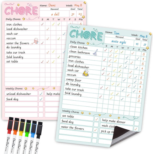 Skiennix Magnetic Dry Erase Chore Chart - 8.5"x12" Kids' Responsibility Board | Includes 6 Fine Point Markers - Blue & Pink