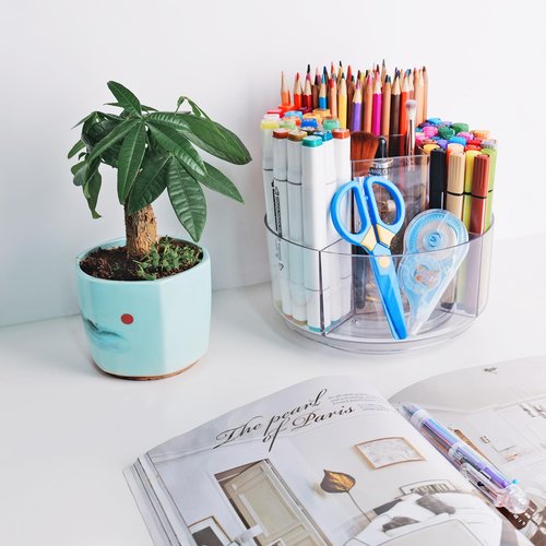 Flytreal Pencil Holder for Desk, 360-Degree Rotating Pen Marker Crayon Organizer, Spinning Acrylic Desk Pen Organizer Storage, 5 Slots Large Capcaity Caddy for Home Office School Kids Art Supplies