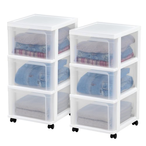 IRIS USA Plastic 3-Drawer Storage Organizer Rolling Cart, with Wheels Casters, 2-Pack, for Classroom Art Supplies Bathroom Dorm Bedroom Laundry Room, Slim Narrow, White/Clear