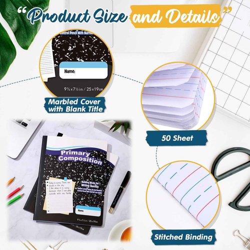 Watersay 30 Pack Operation Christmas Items Primary Ruled Composition Notebook, Grade K-2 Journal 50 Sheets, 7-1/2" x 9-3/4" Writing Notebook for Kids Kindergarten Preschool 1st 2nd Grad (Black)
