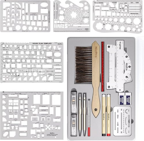 Nicpro 21PCS Professional Drafting Tools Set - Architect Compass, Protractor, Metal Pencils & Ruler