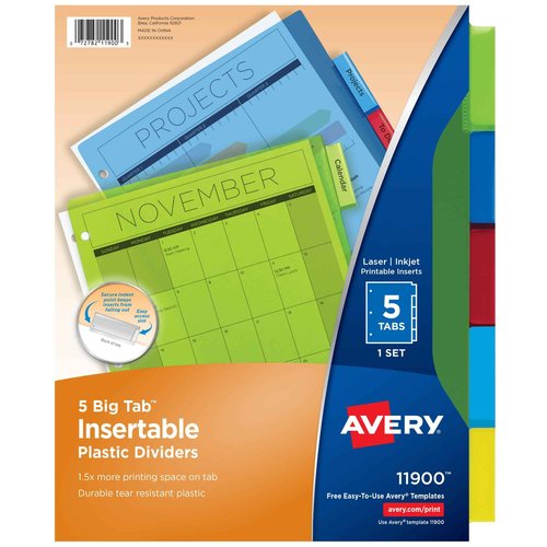 Avery Dividers for 3 Ring Binders, 5-Tab Binder Dividers, Plastic Binder Dividers, Insertable Big Tabs, Multicolor, 24 Sets (11900)