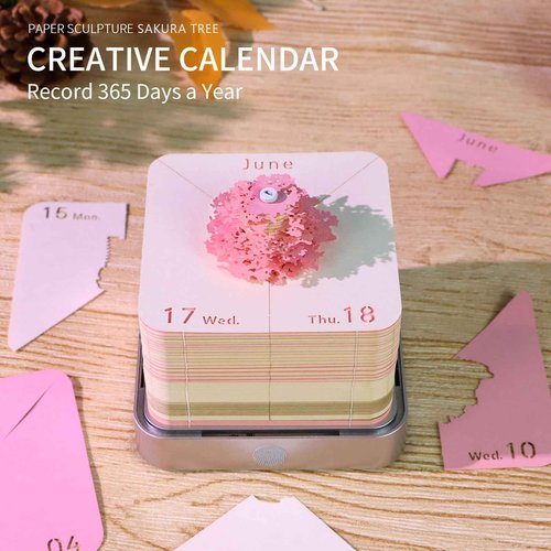 RSLIPIN 3D Memo Pad Time Piece Calendar 2026,3D Calendar Memo Pad DIY Notes Notepad Paper Craft Art Romantic Tree House,2026 3D Desk Calendar With LED Lights,Pink