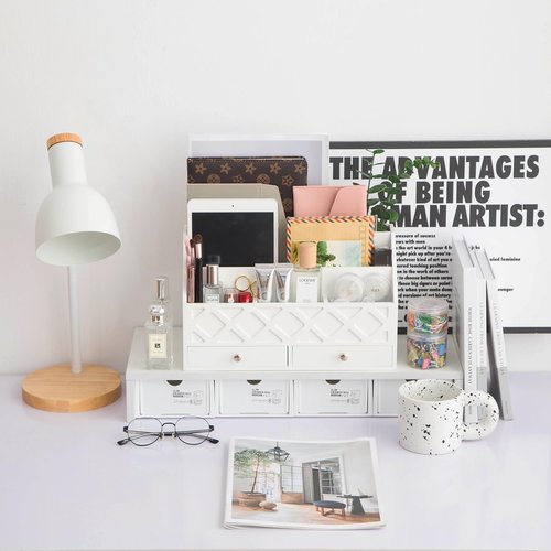 Yanzewon White Wooden Desk Organizer with 5 Compartments and 2 Drawers, Multifunctional Desk Supplies Organizer for Home Office School, Accessories Workspace Organizer and Storage