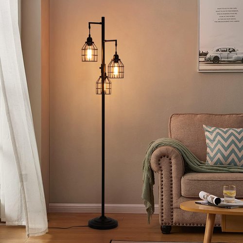 9MMML Floor Lamp for Living Room, Farmhouse Industrial Dimmable Floor lamp,3 Lights Metal Cage Tree Standing Lamp,68", 3Pcs Led Bulbs Included