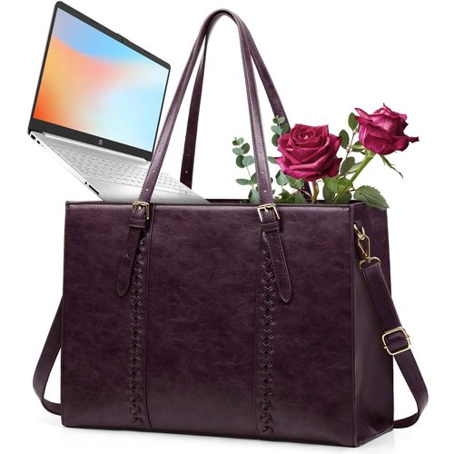 RAINSMORE Laptop Bag for Women, 15.6 inch Laptop Tote Bag PU Waterproof Computer Work Bags for Women Professional Business Office Briefcase Lightweight Shoulder Handbags, Purple