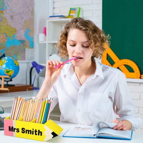 4 Pcs Pencil Shaped Pen Holders Wooden Desk Pen Pencil Dispensers Back to School Gifts DIY Desk Stationery Storage for Students Teacher Appreciation Gifts School Classroom Office Supplies