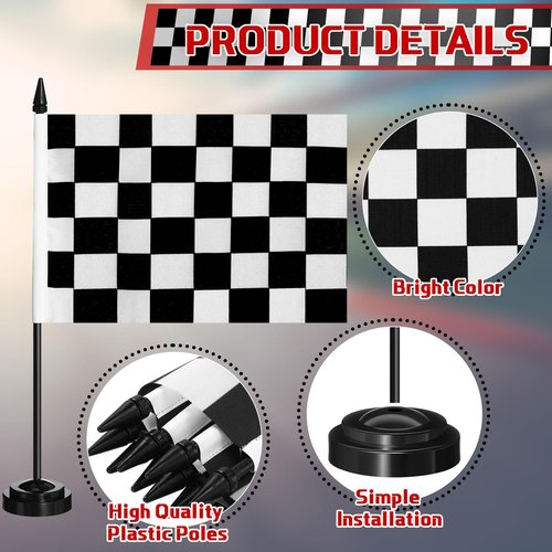 Mindsoft 12 Pcs Black and White Checkered Racing Stick Flag Checkered Flag Sets Mini Racing Office Table Stick with 12" Solid Pole Black Stand Base Decorations for Desk Car Party