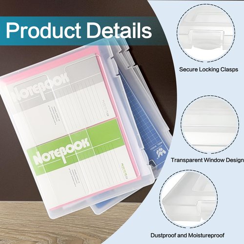 Seuqhck 4 Pack Organizer Box for A4 Paper, Plastic Scrapbook Paper Organizer Stackable Document Holder with Secure Locking Clasps for Photos, Craft and Arts, Home, Office, Studio, 12.5 x 9.5 x 1 Inch