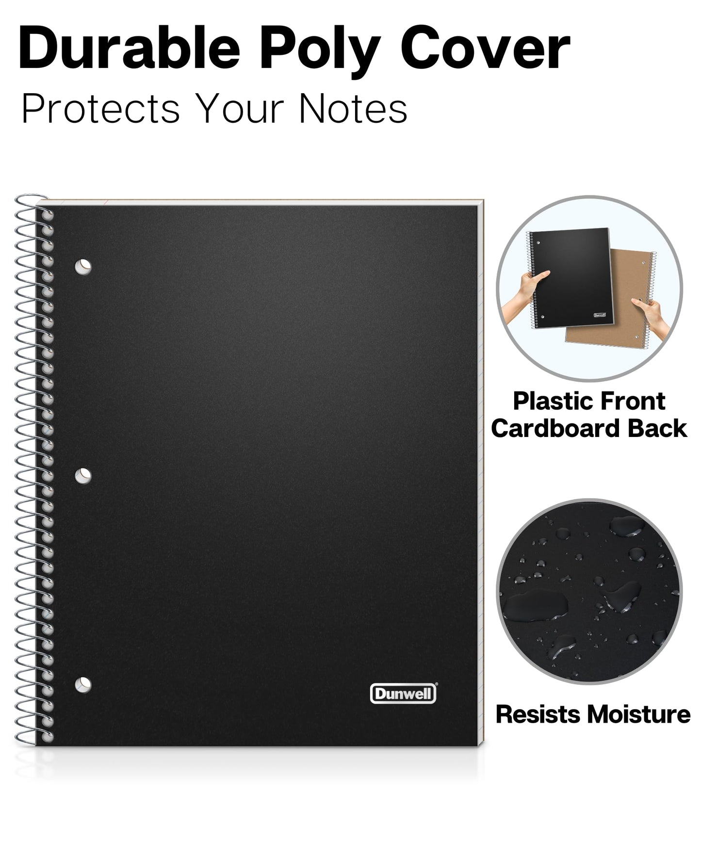 Dunwell College Ruled Spiral Notebook (Black), 1 Subject Notebook 8.5 x 11 for School, Plastic Cover, Pocket Divider, 100 Sheets (200 Pages), 3-Hole Punched Perforated 8 1/2 x 11 Paper