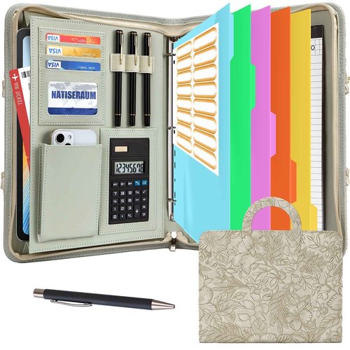 NATISERAUM Portfolio Organizer - 3 Ring Binder with Handle, Vegan Leather Business Padfolio Folder with Notepad, Includes 5 Dividers with 10 Pockets for Documents Files