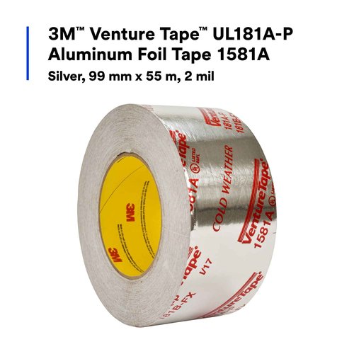 3M Venture Tape UL181A-P Aluminum Foil Tape 1581A, Rigid and Flexible Duct Seaming, Durable, Cold Weather Adhesion, 3.89 in x 60 yd, 2 mil