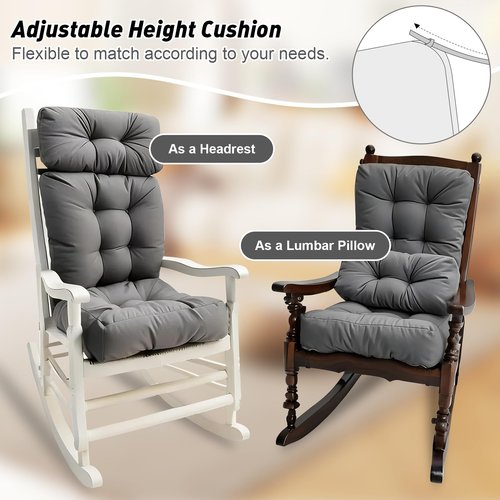 Activance Rocking Chair Cushions Indoor/Outdoor, Large Rocking Chair Pads with Ties High Density Water Resistant Non Slip Durable Back and Seat Cushion 3 Piece Set, Grey