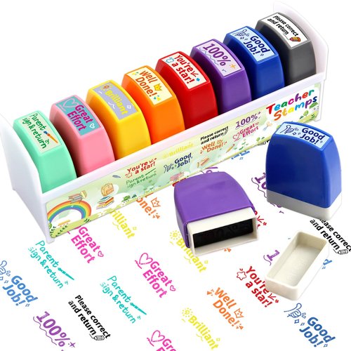 Teacher Stamps for Grading Motivational Teacher Self-Inking Stamp Set Encouraging Signature Stamp for Classroom Supplies 8 Packs Multicolor