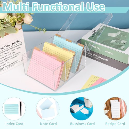 4x6 Index Card Holder Acrylic Index Card Organizer Clear Index Card Box Flash Card Holder with 5 Index Card Dividers Recipe Cards Holder Notecard Storage Box 150 Ruled Cards Stickers For Office Desk