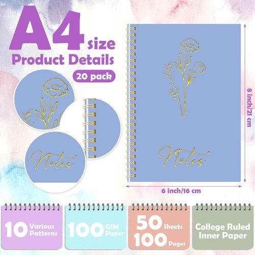 Cholemy 20 Pack Spiral Notebook Aesthetic School Supplies A5 Macaron Pastel Floral Notebook Writing Journals for Student College Ruled Journals 100 Pages/ 50 Sheets for Women Men Office Gift