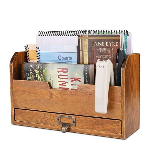 Flexzion 3 Tier Wooden Desk Organizer - Country Rustic Compartments Slot File Tray Pencil Sorter Shelf Holder Supplies Rack Accessories Set with Storage Drawer for Desktop Tabletop Office Home Brown