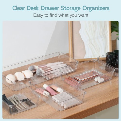 JOLLYIN 6 Pack Large Clear Plastic Drawer Organizer Trays, Desk Drawer Organizers and Storage Dividers, Non-Slip Storage Bins for Jewelry, Snacks, Office, Bathroom, Bedroom and Kitchen