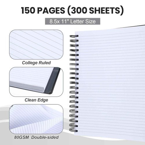 Yeaqee 4 Pack 3 Subject Notebook, College Ruled, Spiral Notebook with Removable Dividers, 8.5" x 11" 300 Pages (150 Sheets) Writing Journal for School Office Home Supplies