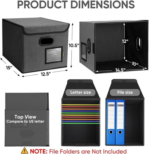 BALEINE File Organizer Box - Collapsible Document Storage with Lid & Plastic Slide | 4 Pack, Black