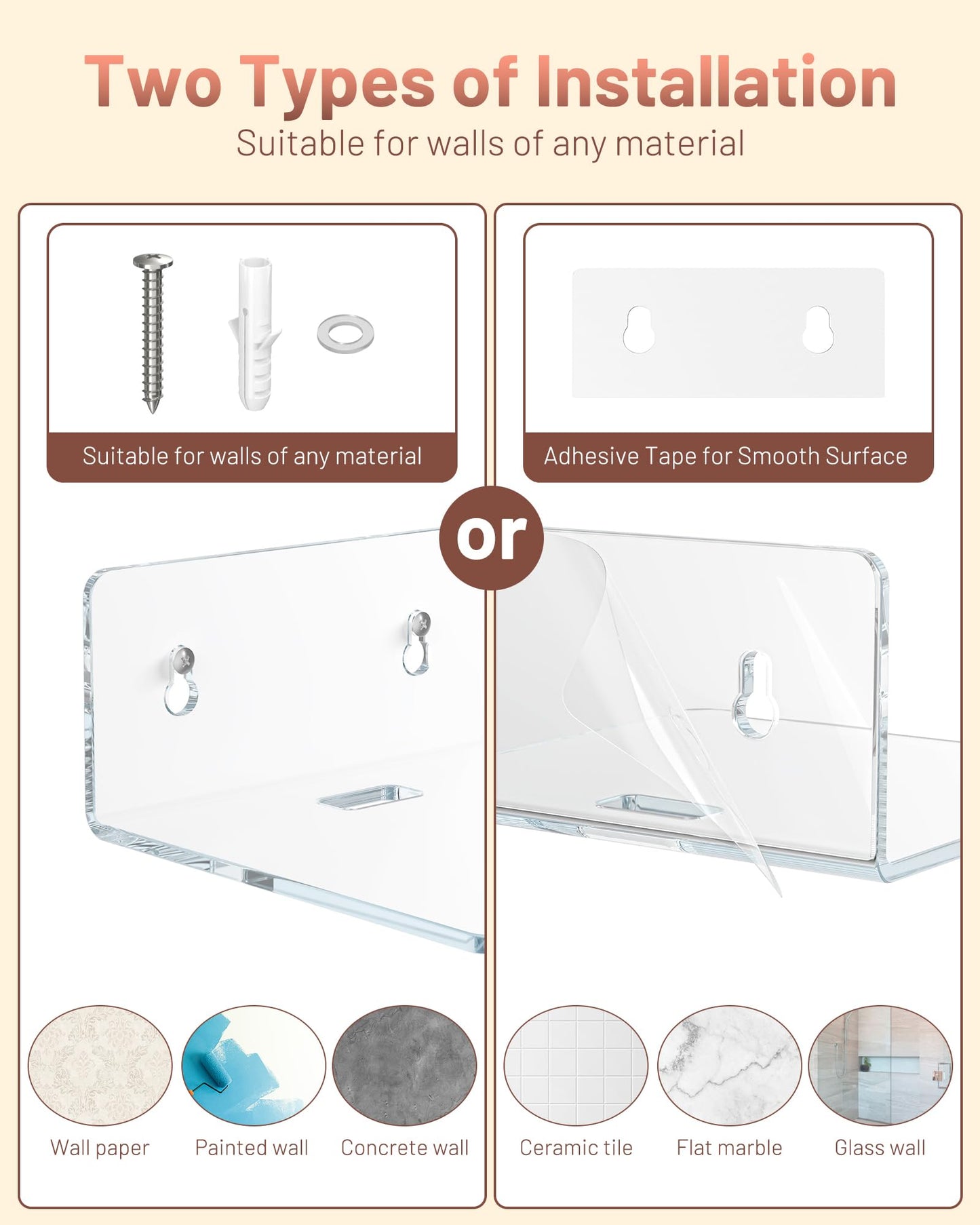 LMHOME 4 Pack Small Wall Shelf - 4" Floating Shelves for Wall Display Ledges for Funko Pop Figures, Plants, Speakers, Durable Plastic Adhesive or Screw Shelves in Bedroom Kitchen Living Room, Clear