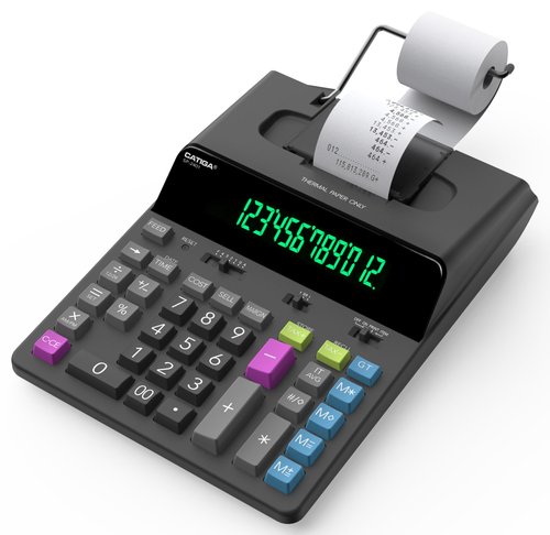 CATIGA 12 Digit Thermal Printing Calculator with Tape Print Out, Ink-Free Adding Machine, 5X Faster Quite at 8.0 LPS, Extra Large Fluorescent Display, Tax Calculation with Clock and Calendar, SP-2401